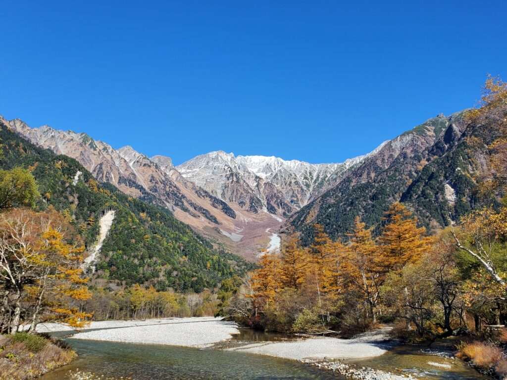 五千尺ホテル上高地から見る雪と紅葉と穂高連峰